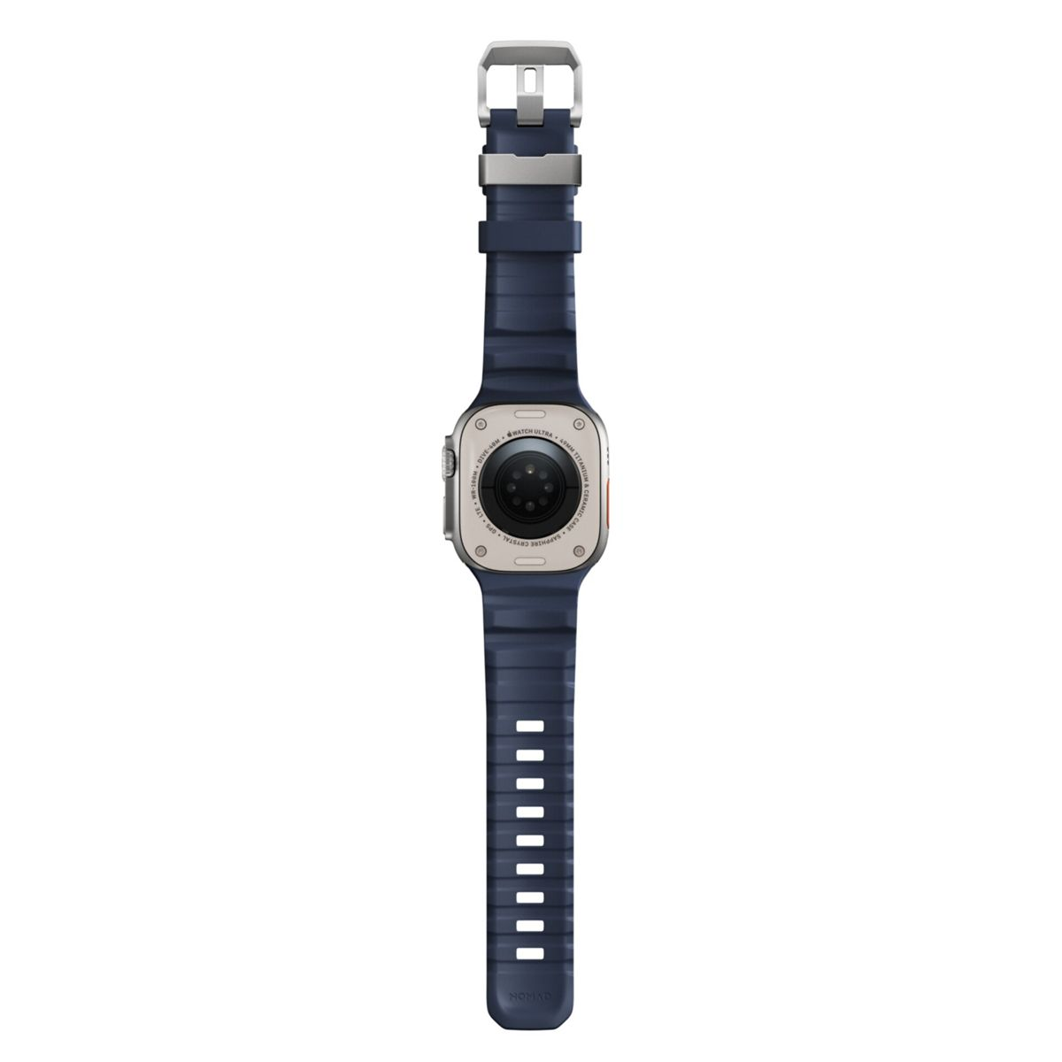 Un reloj inteligente azul con hebilla plateada y correa texturizada se muestra sobre fondo blanco.