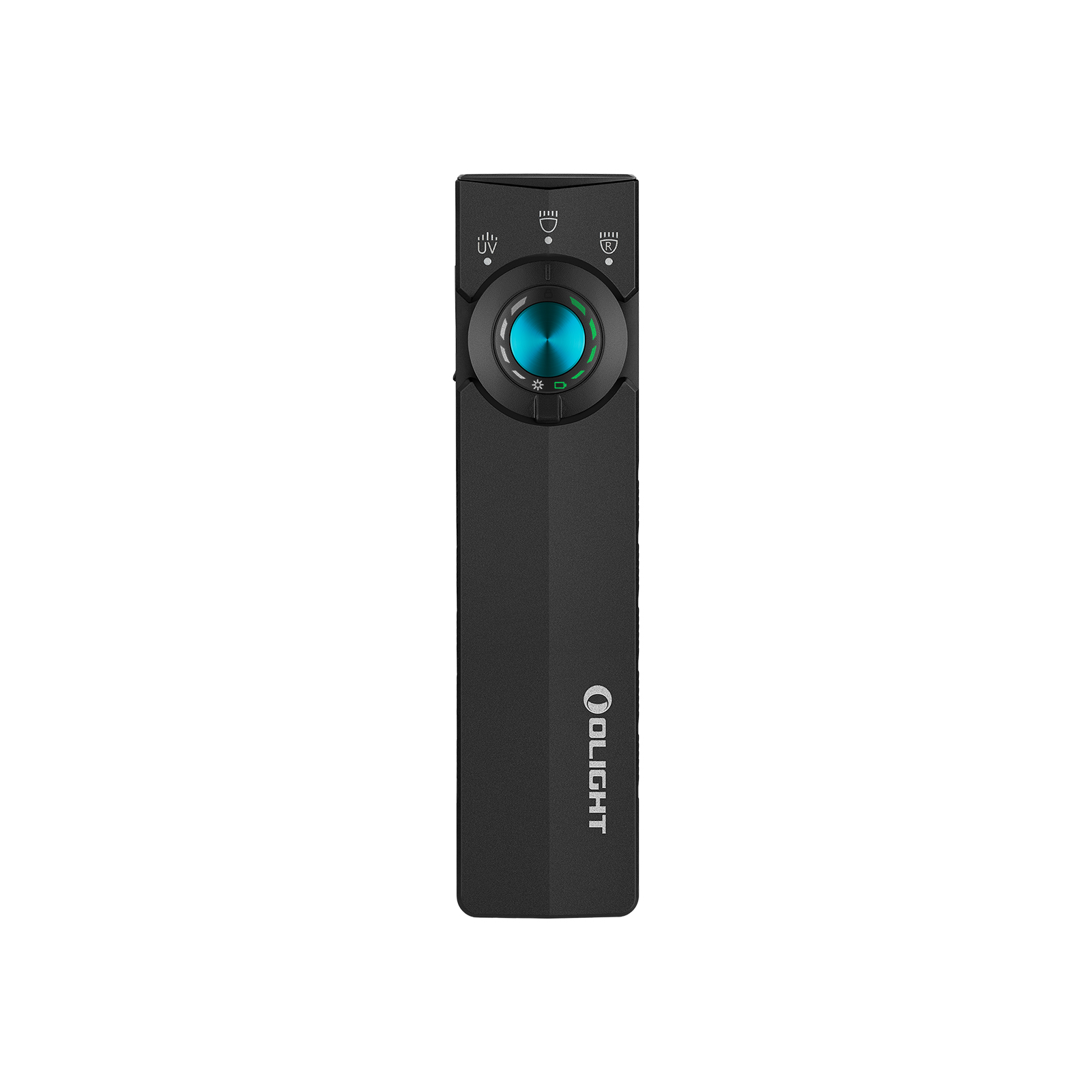 Torcia nera con pulsante blu e icone UV, luce e luce rossa.