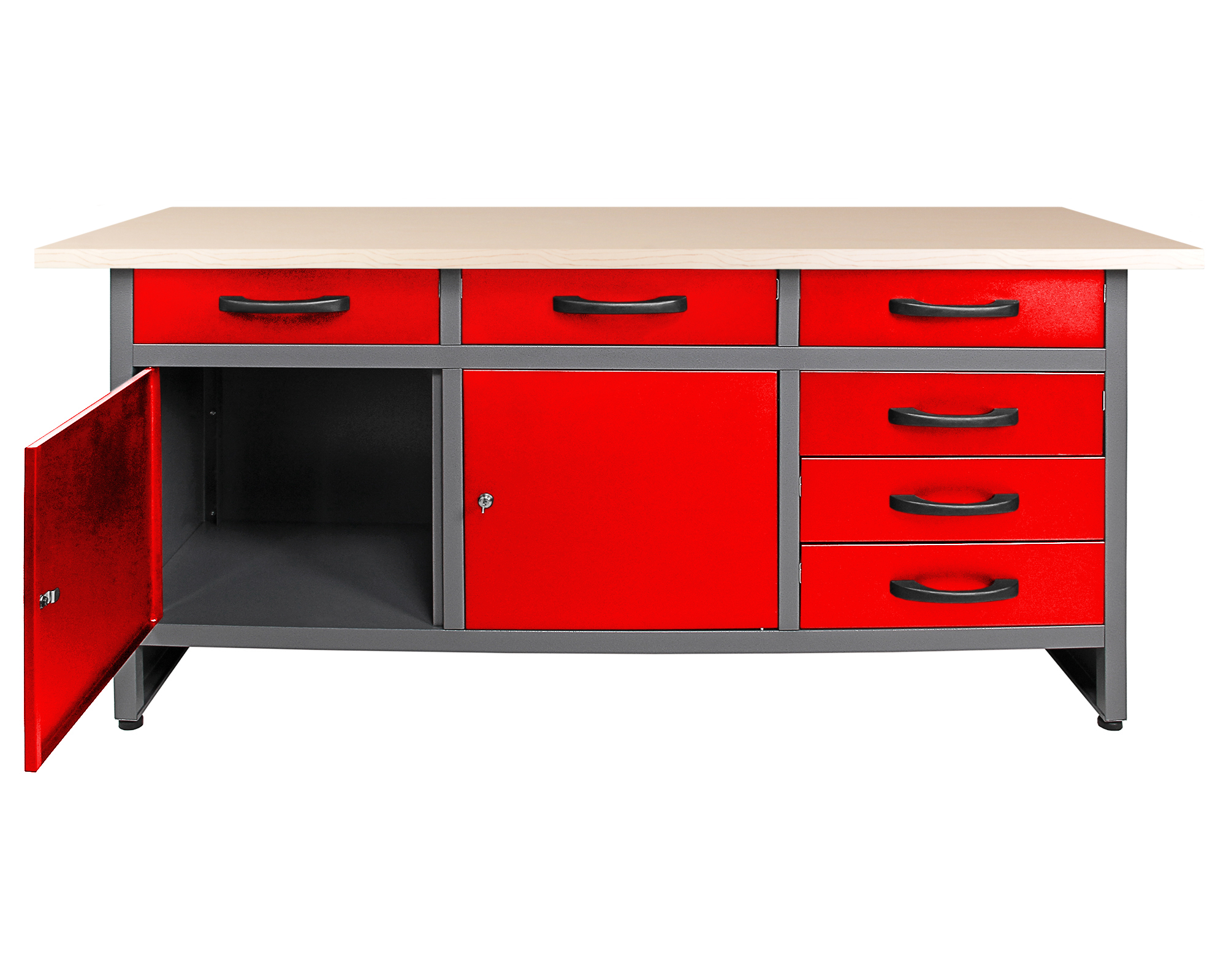 Werkbank mit rotem Schrank, Schubladen und Holzplatte. Eine Tür ist geöffnet.