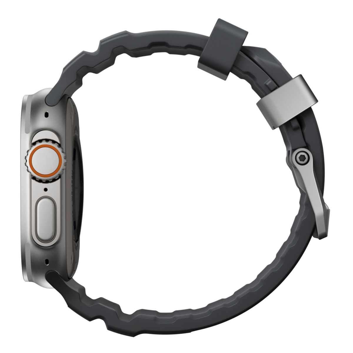 Vista lateral de un smartwatch plateado con banda gris oscuro y detalles naranjas en la corona.