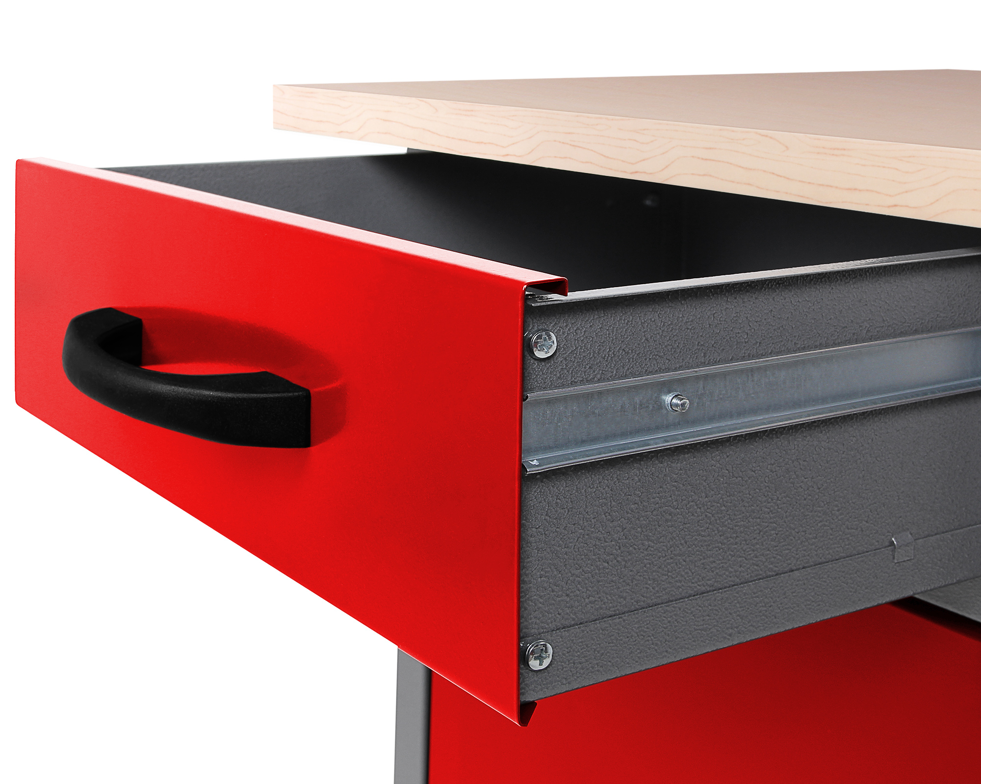 Ein roter Schubladenschrank mit einem geöffneten Schubfach und Holzplatte.