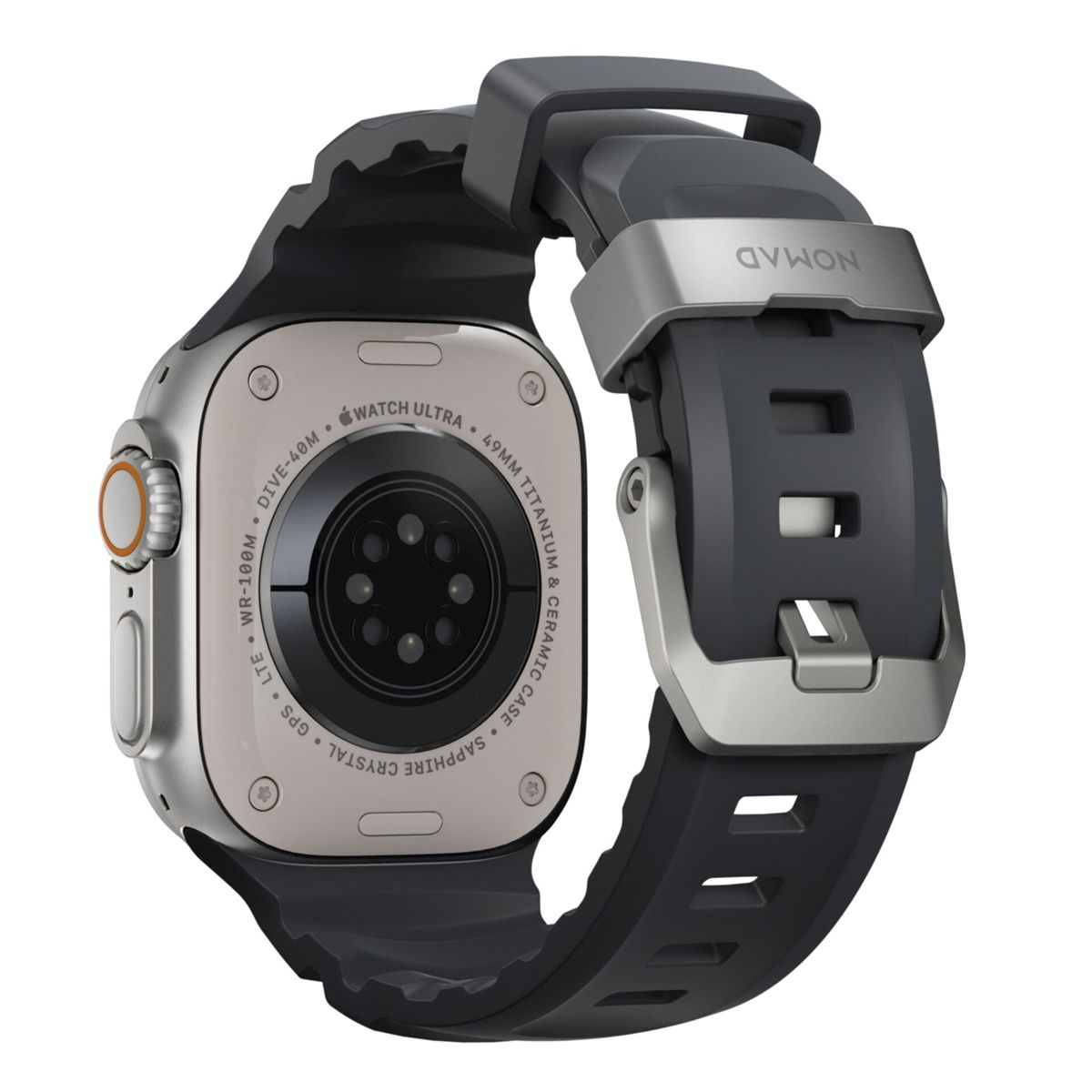 Vista trasera de un Apple Watch Ultra plateado con correa Nomad gris oscuro.
