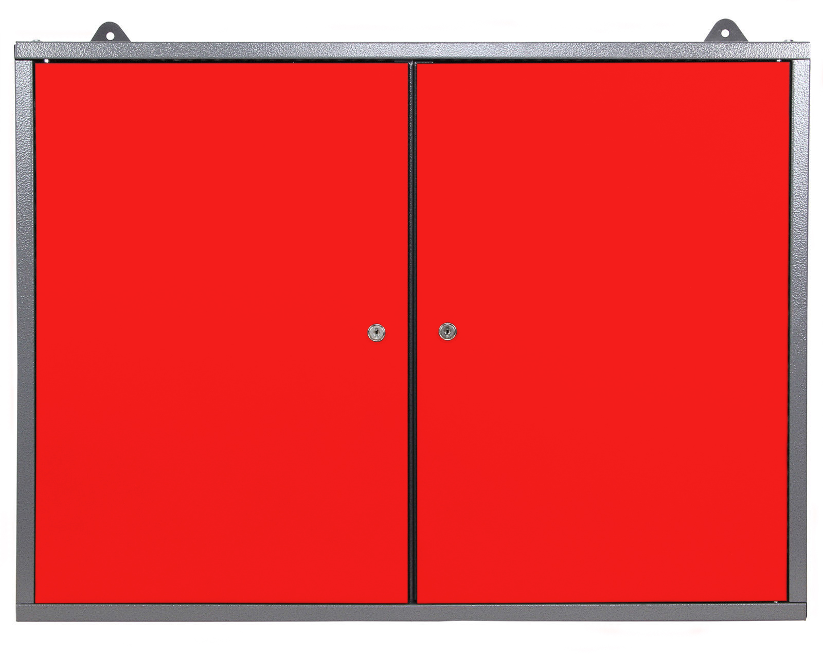 Ein roter Wandschrank mit zwei Türen und silbernen Griffen.