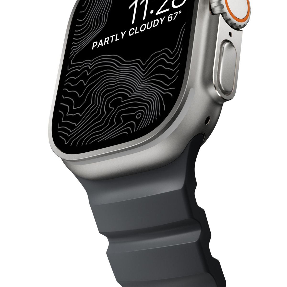 Reloj inteligente gris con mapa, hora 11:29, parcialmente nublado, 67°.
