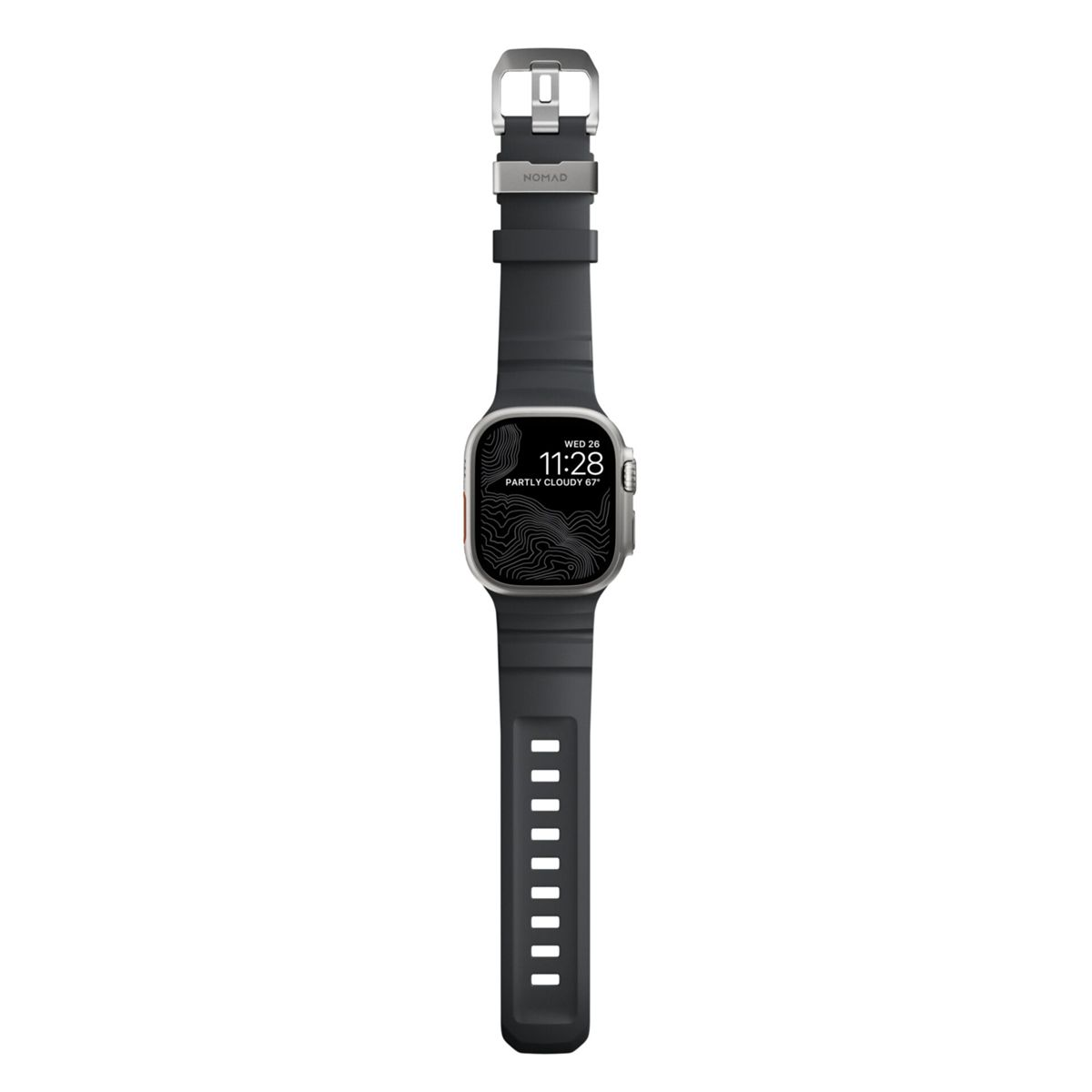 Banda de reloj Nomad gris oscuro con hebilla plateada en un smartwatch que muestra las 11:28.