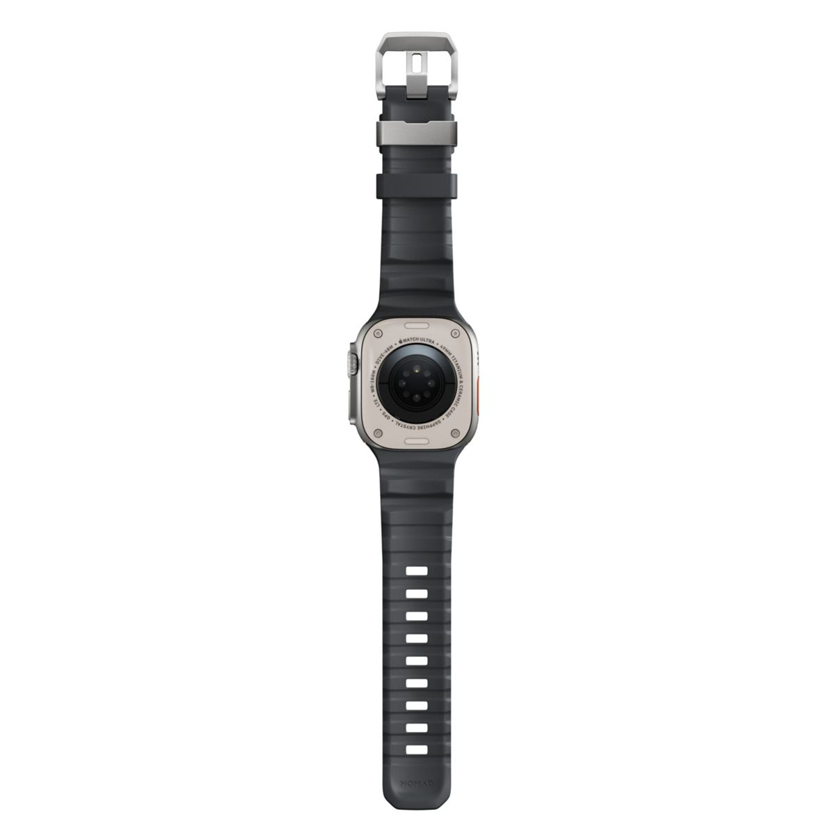 Un reloj inteligente gris con correa negra, visto por detrás.