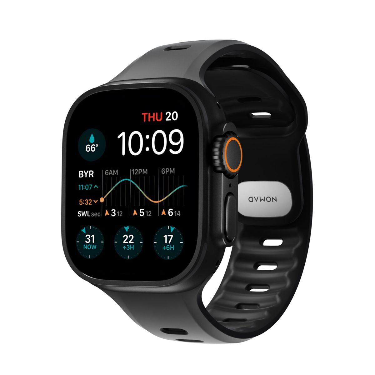 Un smartwatch negro muestra las 10:09, 66° de tiempo, gráfico de mareas y fechas.