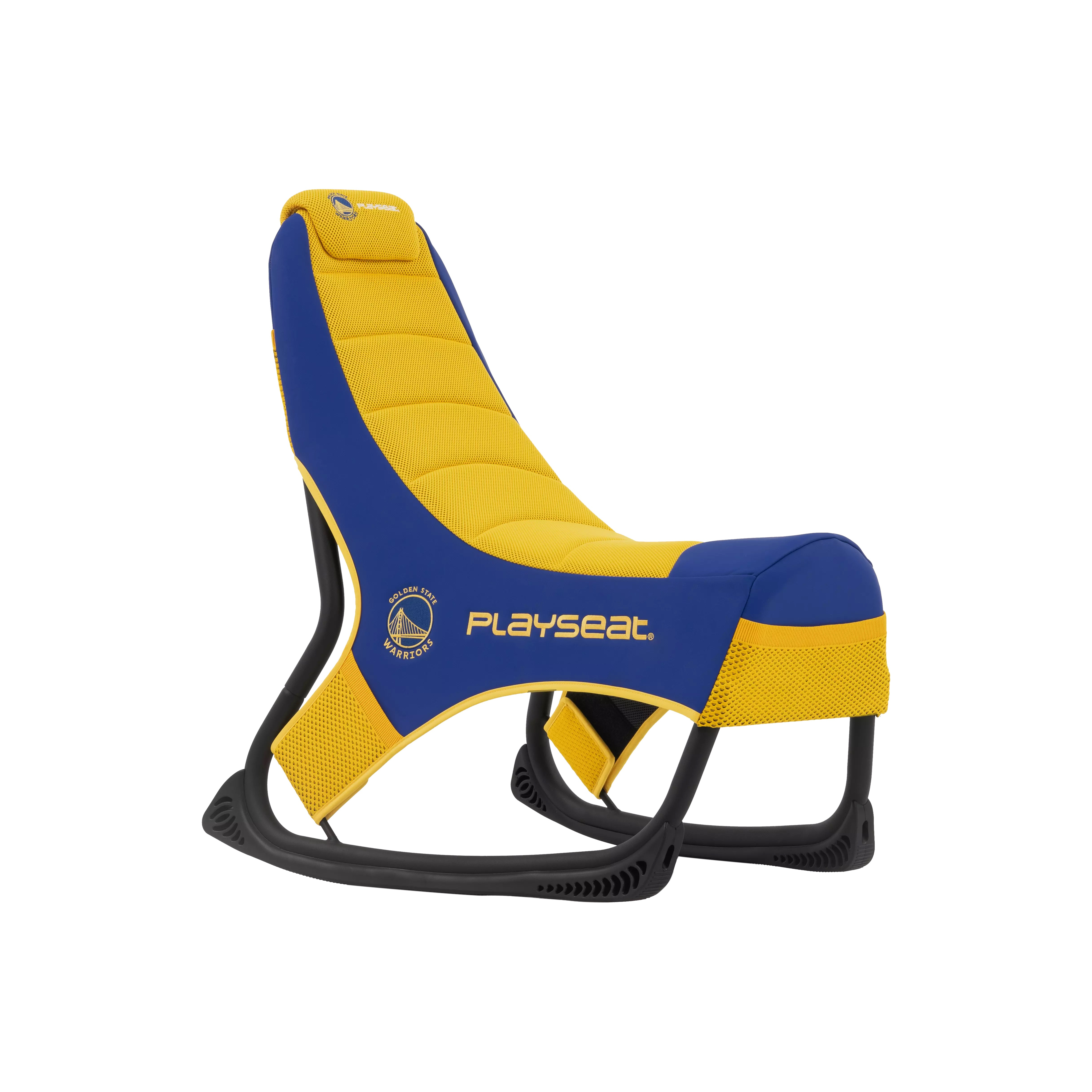 Una sedia da gaming blu e gialla con il logo dei Golden State Warriors e marchio Playseat.