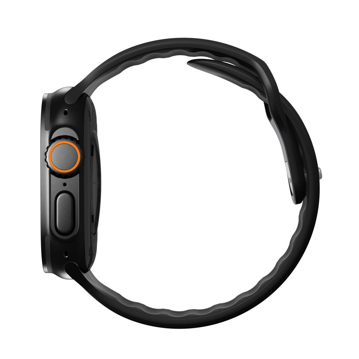 Vista lateral de un reloj inteligente negro con corona digital acentuada en naranja y un botón.