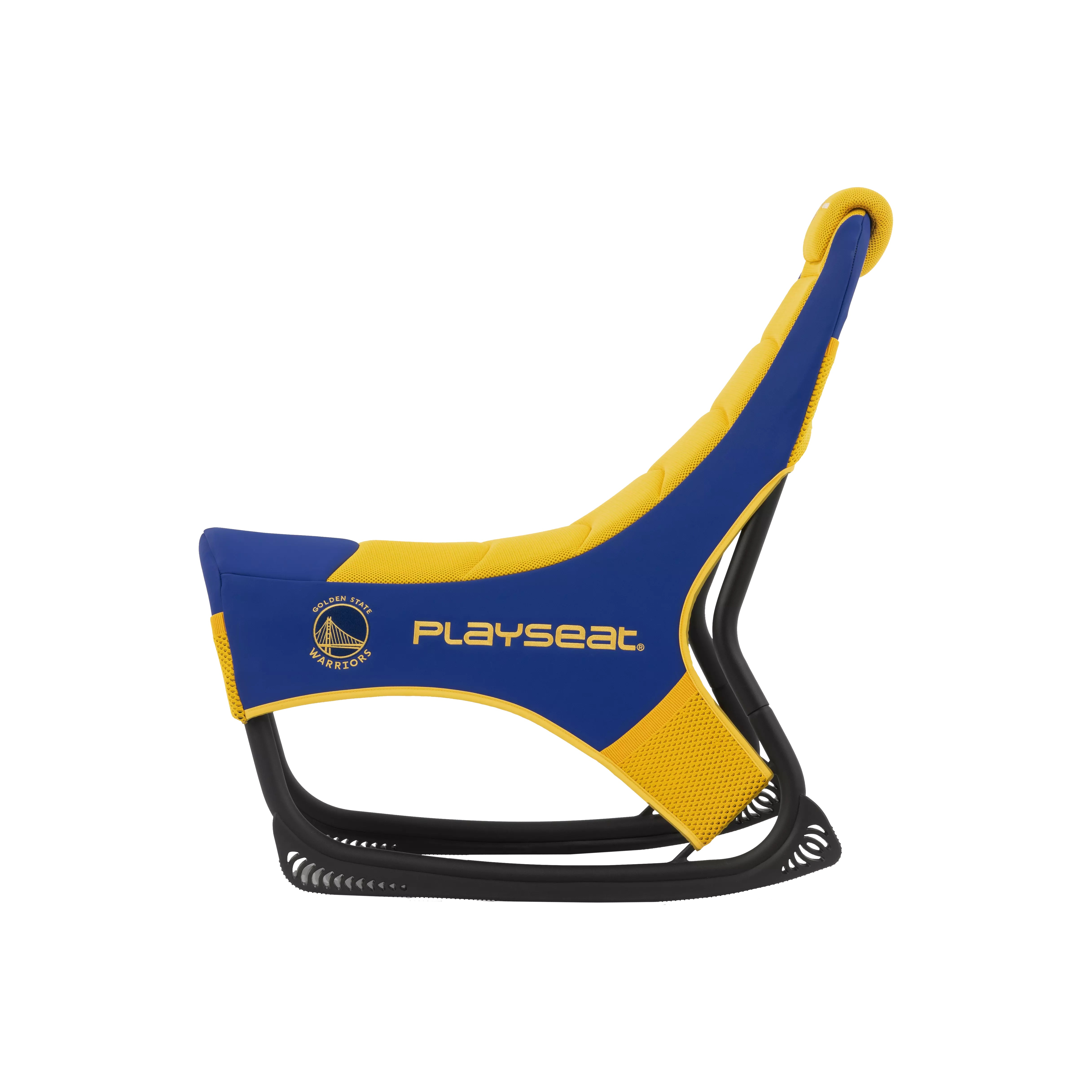 Sedia Playseat blu e gialla con logo Golden State Warriors su sfondo bianco.