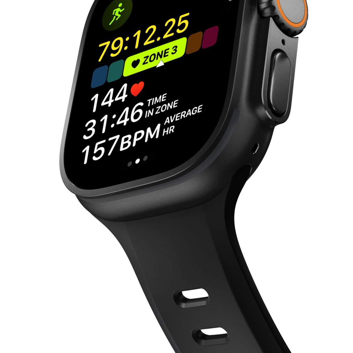 Un reloj inteligente negro muestra datos de entrenamiento: 79:12.25 tiempo, Zona 3, 144 corazón, 31:46 en zona, 157 BPM.
