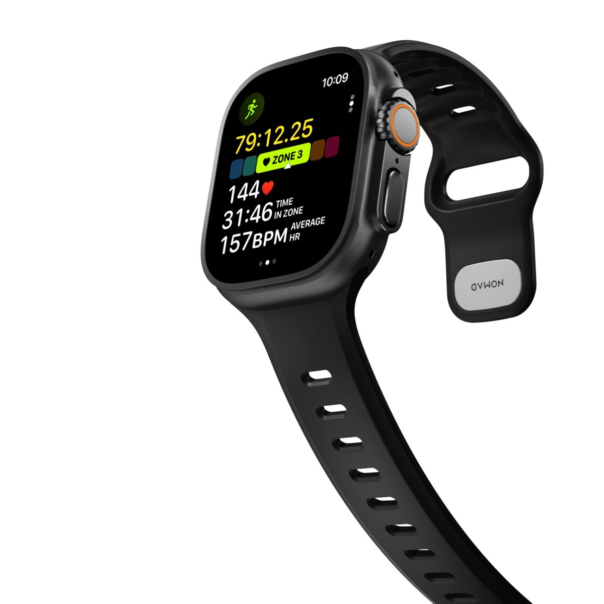 Smartwatch negra con correa negra mostrando estadísticas de entrenamiento: 79:12.25 tiempo, Zona 3, 144 pulsaciones, 31:46 en zona, 157 BPM promedio.
