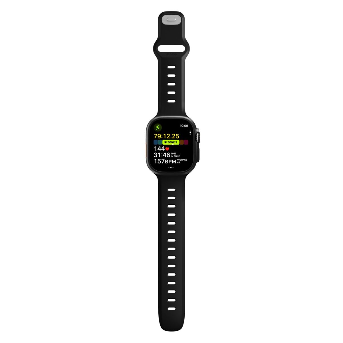 Reloj inteligente negro con entrenamiento de carrera en pantalla: 79:12:25 duración, 144 lpm, 31:46 en zona.