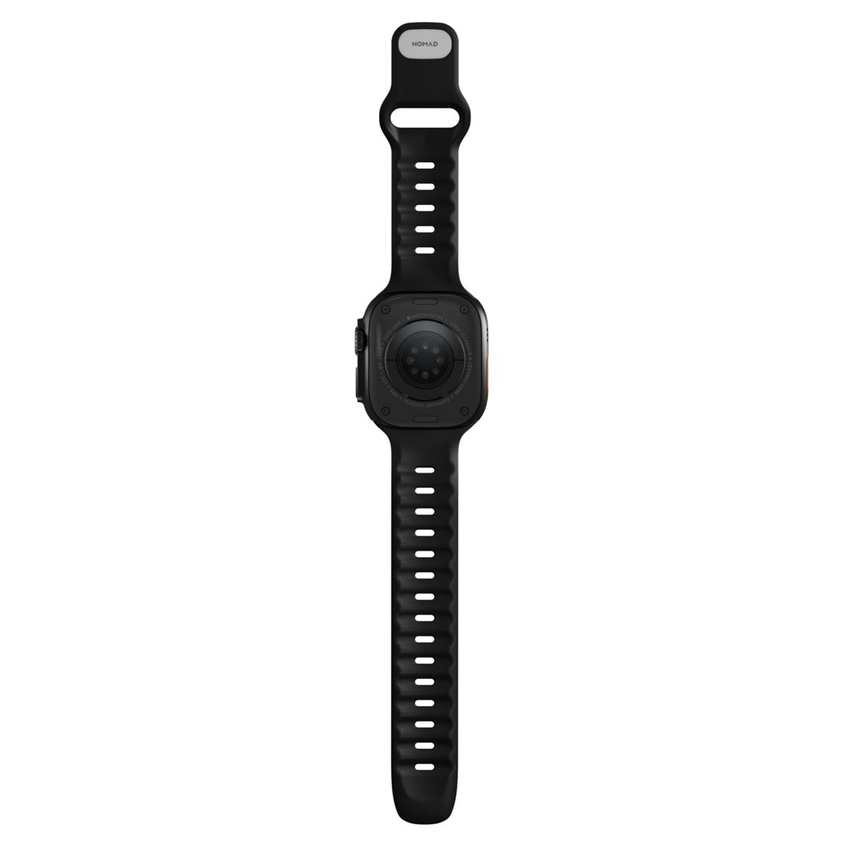 Correa negra de smartwatch con logo plateado "NOMAD" y reloj sobre fondo blanco.