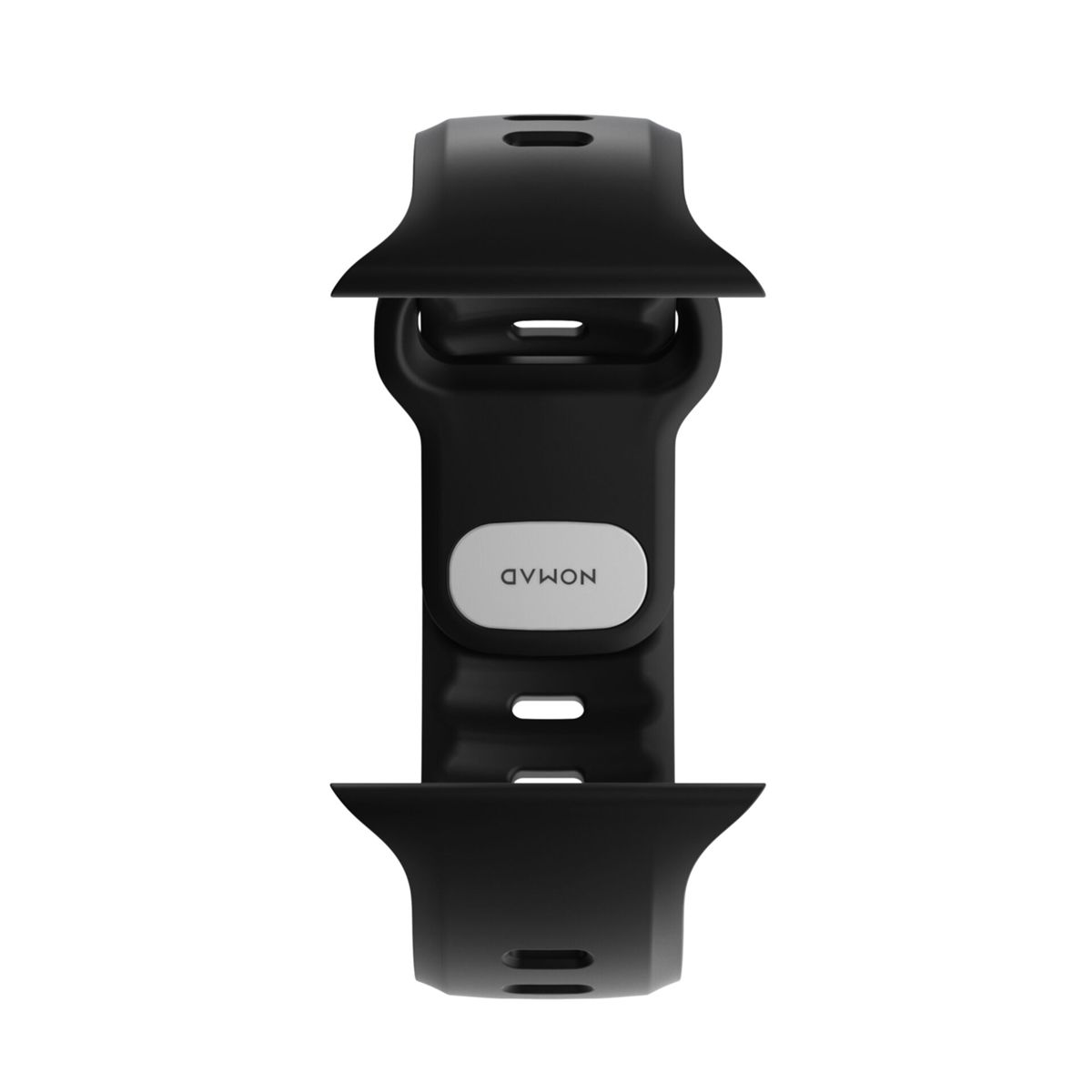 Un accesorio de correa de reloj Nomad negro con un logo ovalado plateado.