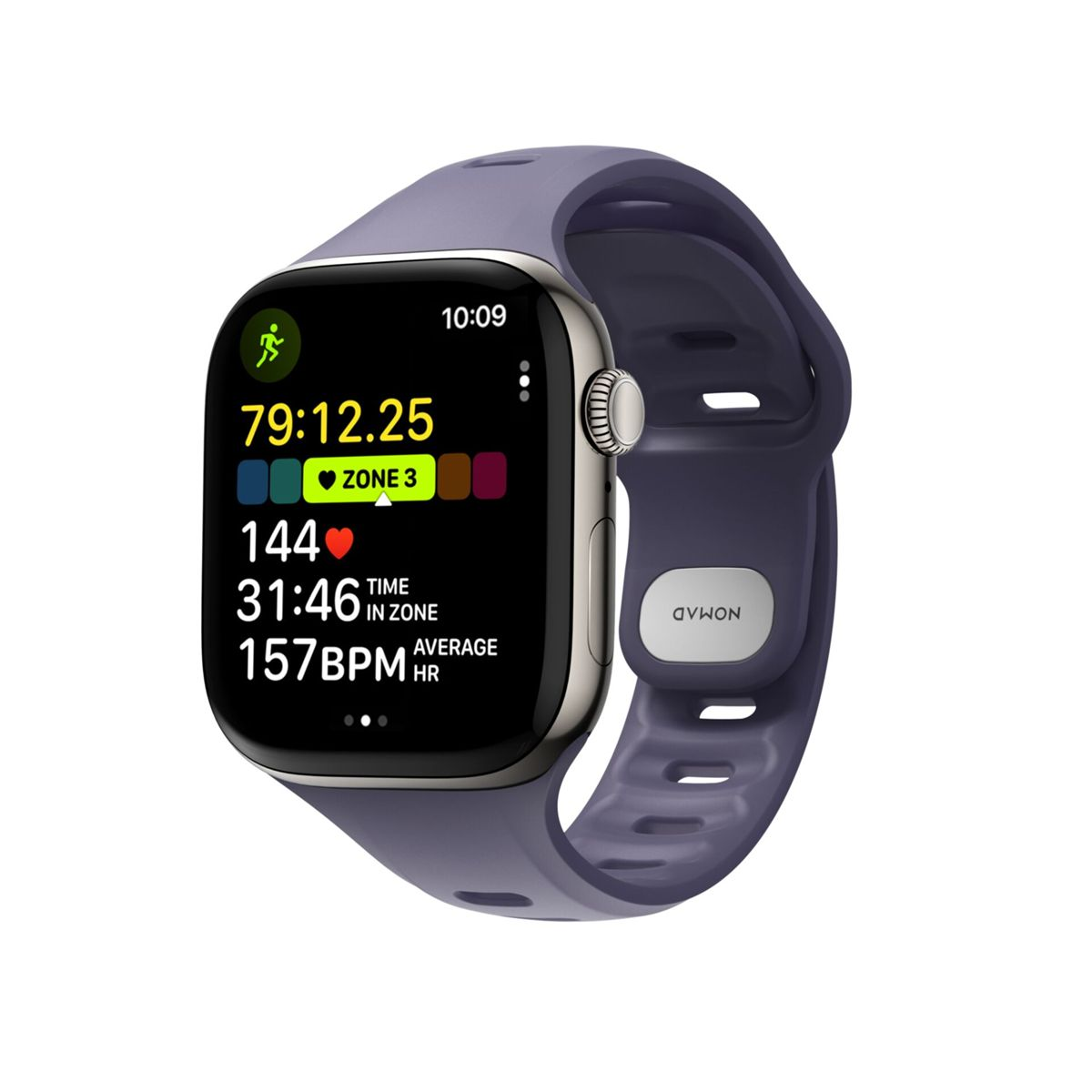 Uno smartwatch argentato con cinturino viola mostra statistiche allenamento: 79 min, 144 battiti, 31 min in zona.