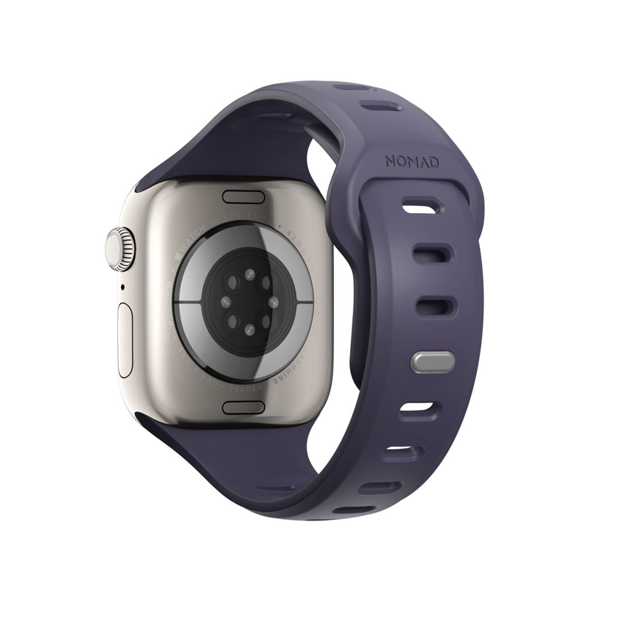 Smartwatch argentata con cinturino viola, retro visibile. Sfondo bianco.