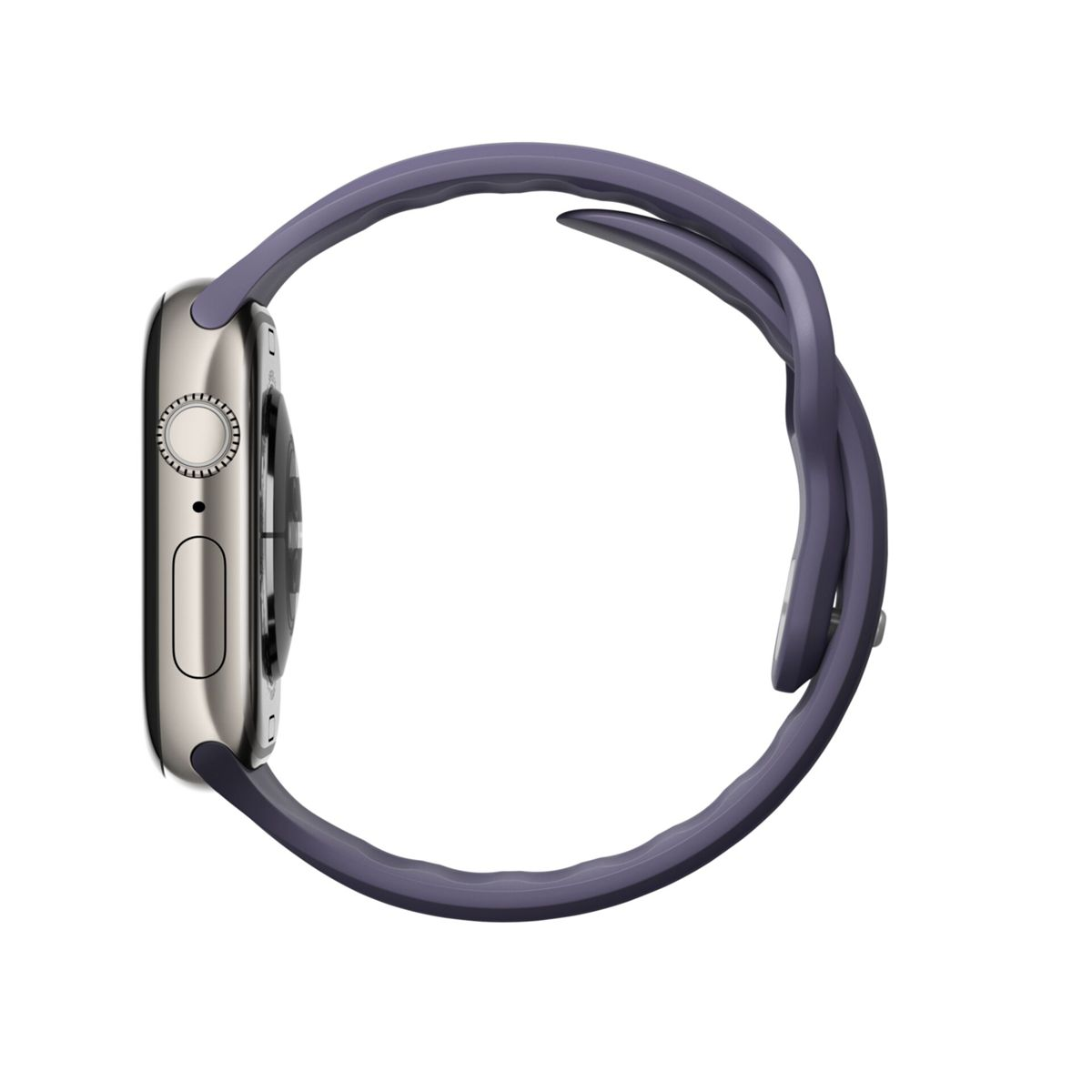 Vista laterale di uno smartwatch argentato con cinturino viola scuro su sfondo bianco.
