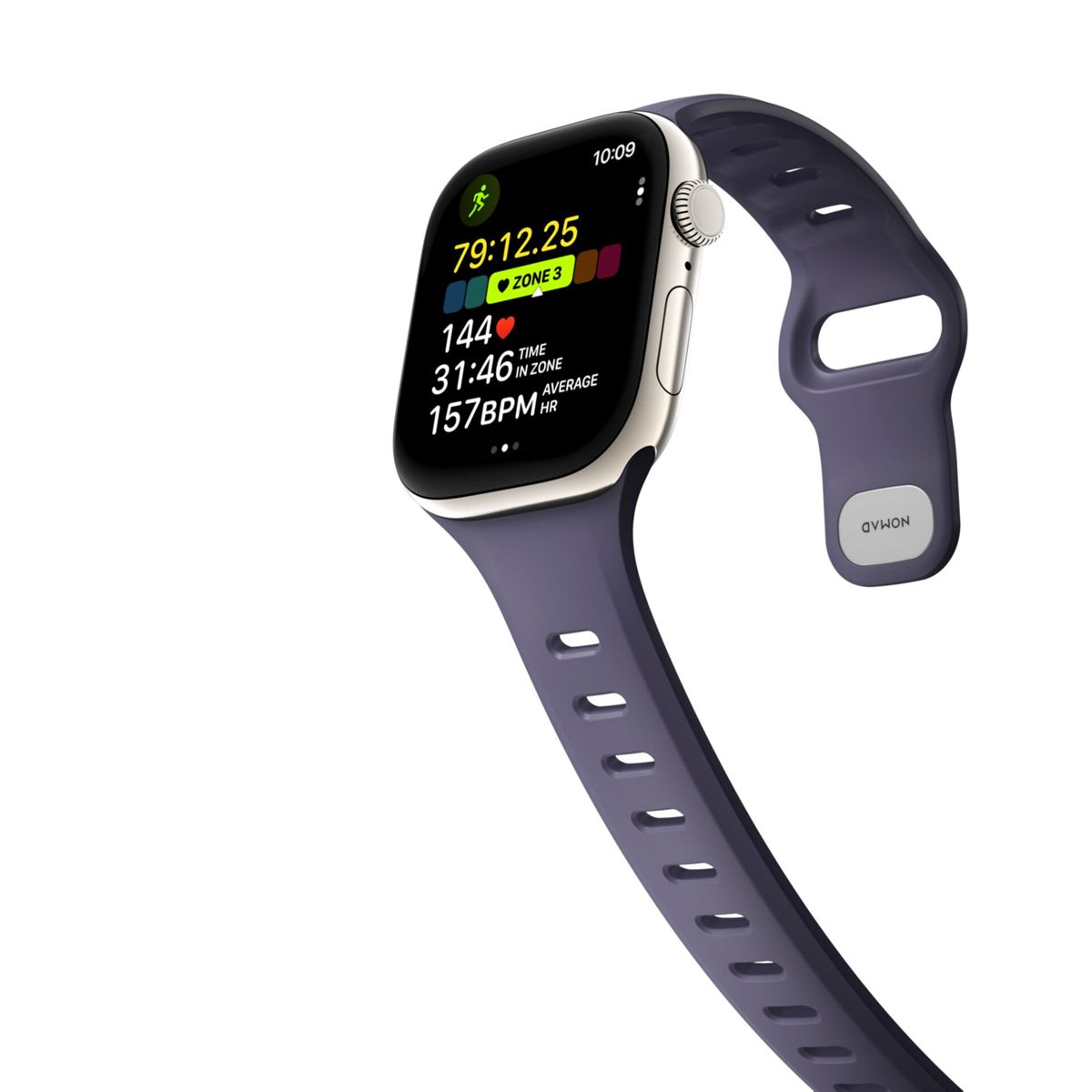 Uno smartwatch con cinturino viola mostra statistiche allenamento: 79:12.25 tempo, Zona 3, 144 BPM.