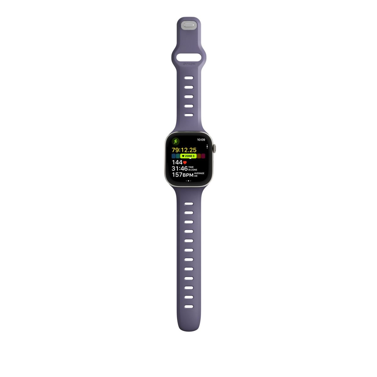 Uno smartwatch viola mostra statistiche di allenamento: 79:12:25 tempo, 144 battiti, 31:46 tempo in zona.