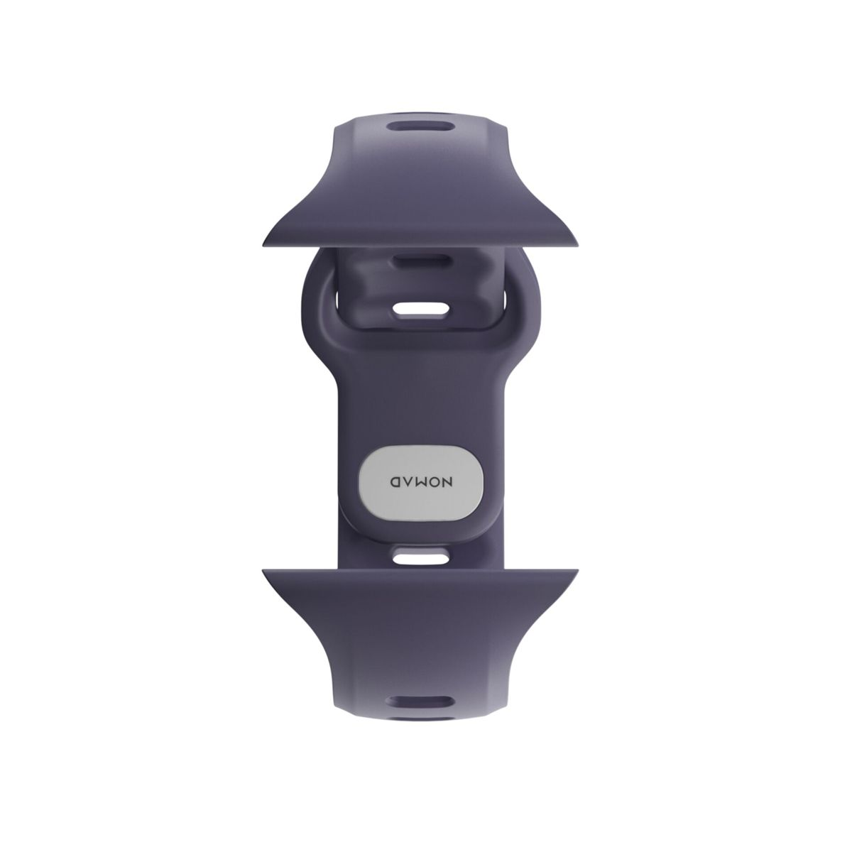Un cinturino per orologio Nomad viola scuro con logo bianco è mostrato su sfondo bianco.