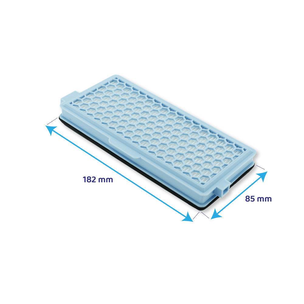 Un filtro dell'aria rettangolare azzurro con motivo a nido d'ape. Dimensioni: 182mm x 85mm.
