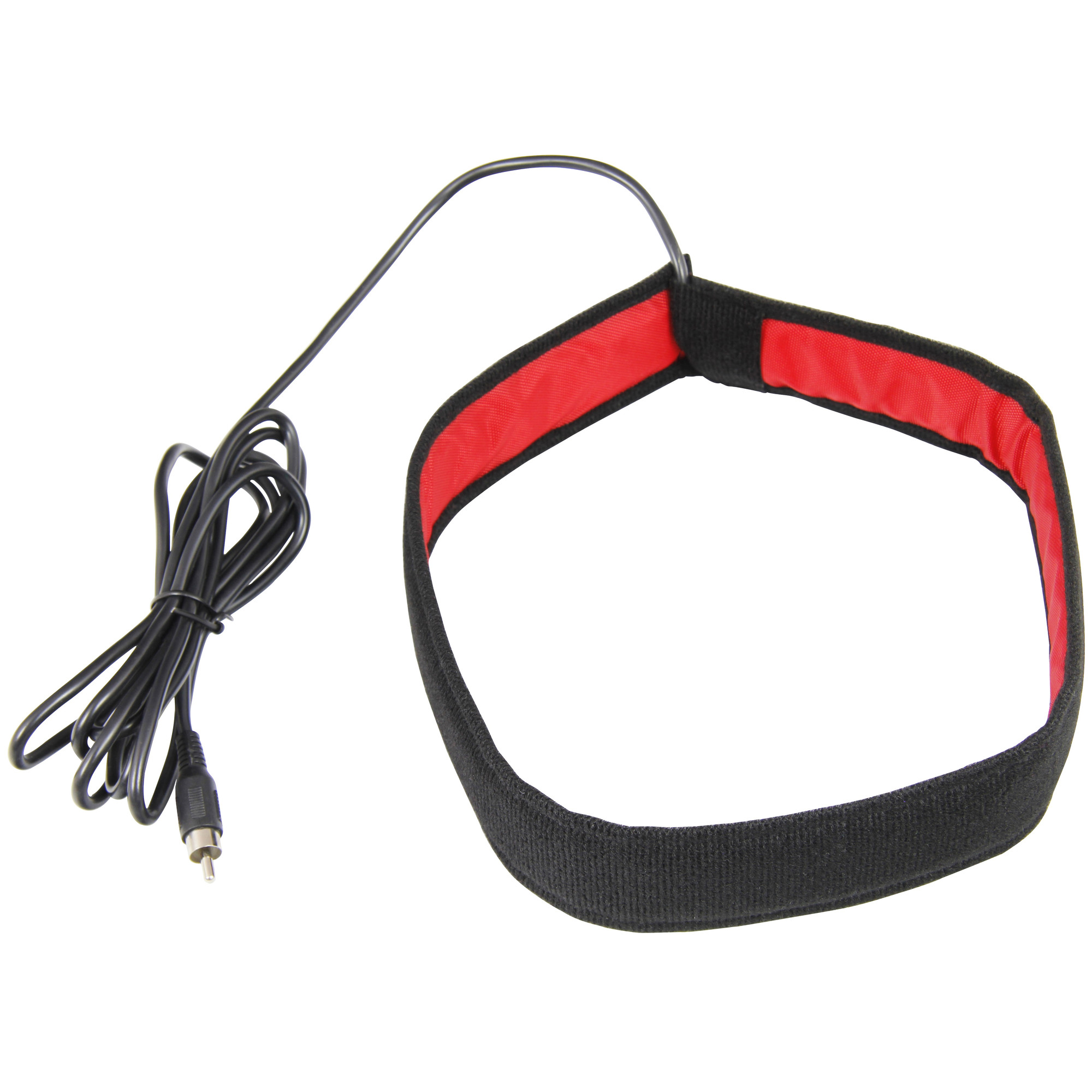 Ein schwarzes Stirnband mit roter Innenseite und einem gewickelten schwarzen Kabel mit Cinch-Stecker.