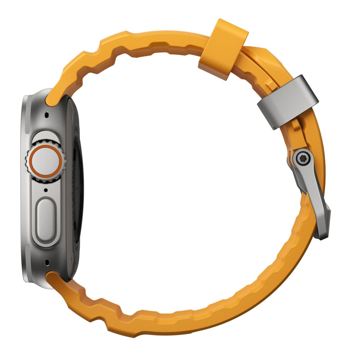 Srebrny smartwatch z pomarańczową bransoletą, pokazany z boku.