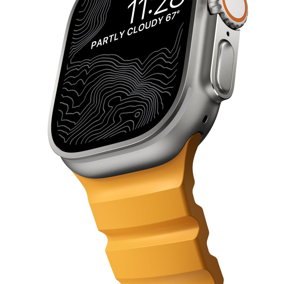 Zbliżenie na smartwatch ze srebrną kopertą i pomarańczowym paskiem. Ekran pokazuje czas i pogodę.