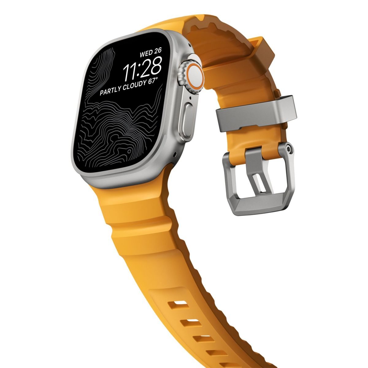 Srebrny smartwatch z pomarańczową bransoletą i klamrą.