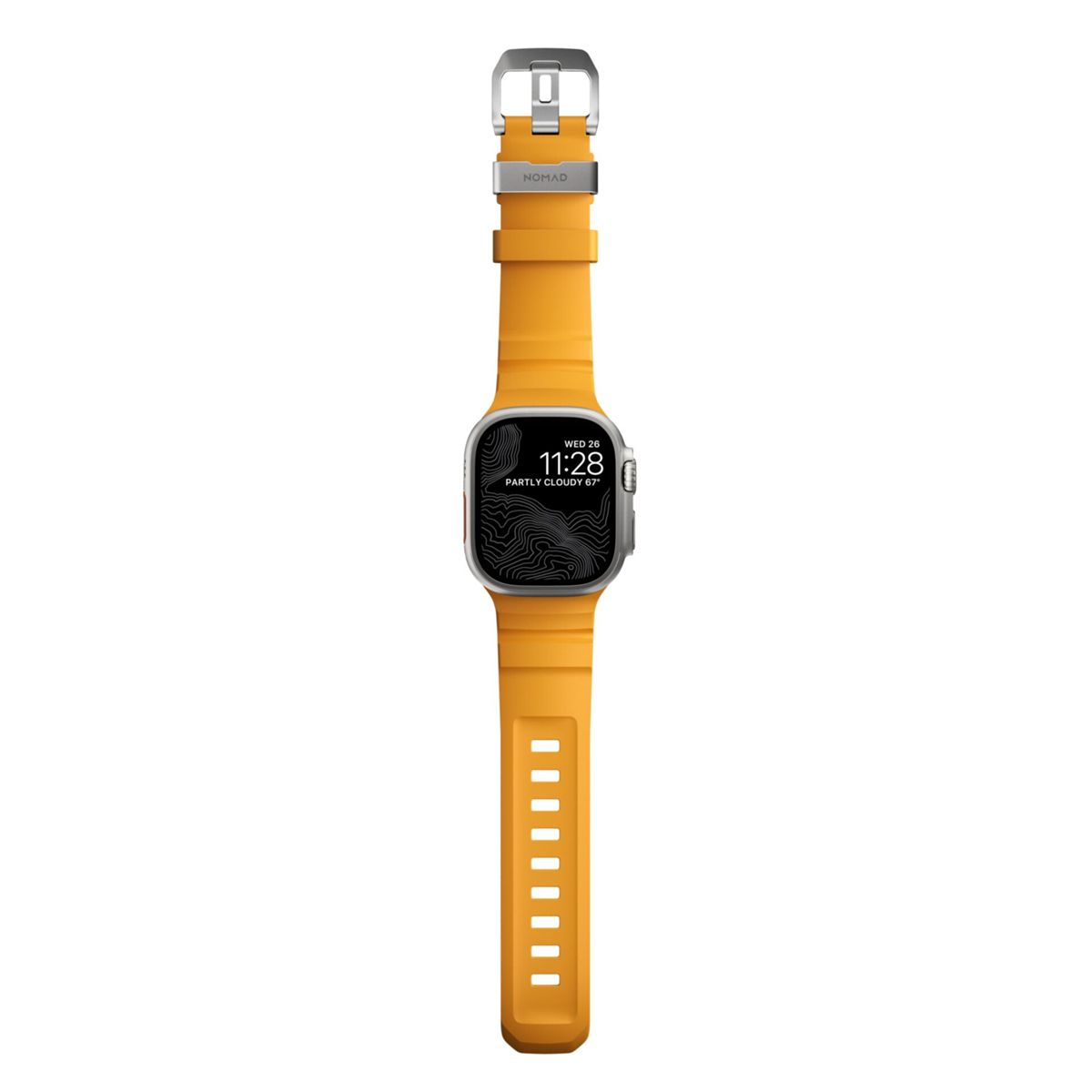 Żółty smartwatch z srebrną klamrą i logo "Nomad".