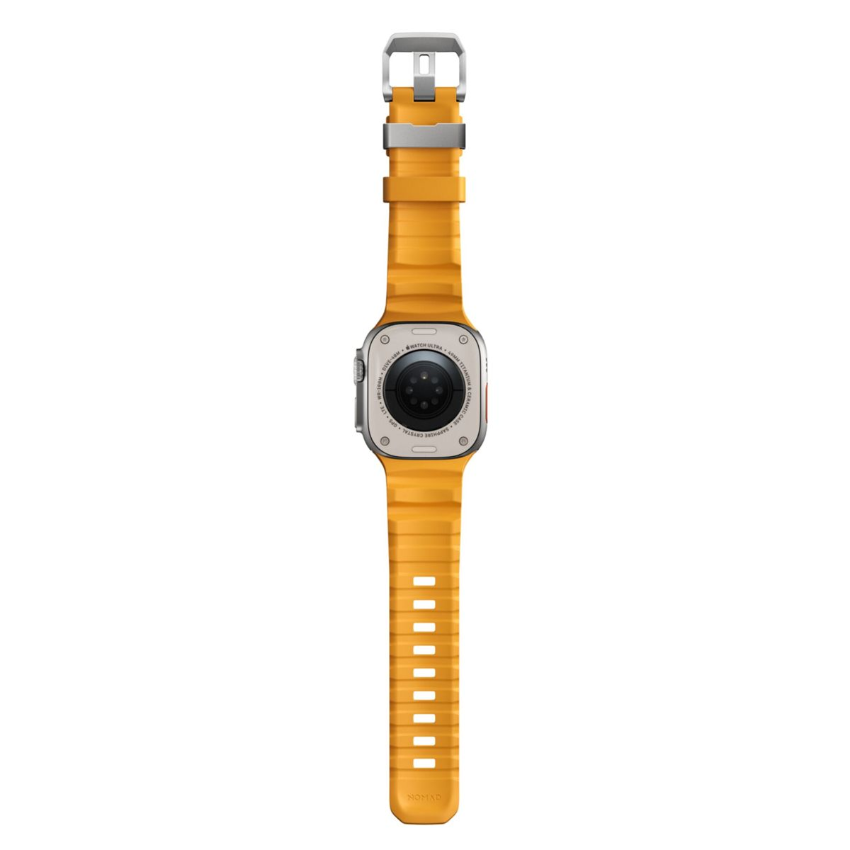 Żółty Apple Watch Ultra z widocznym tyłem, pokazujący czujniki i tekst.