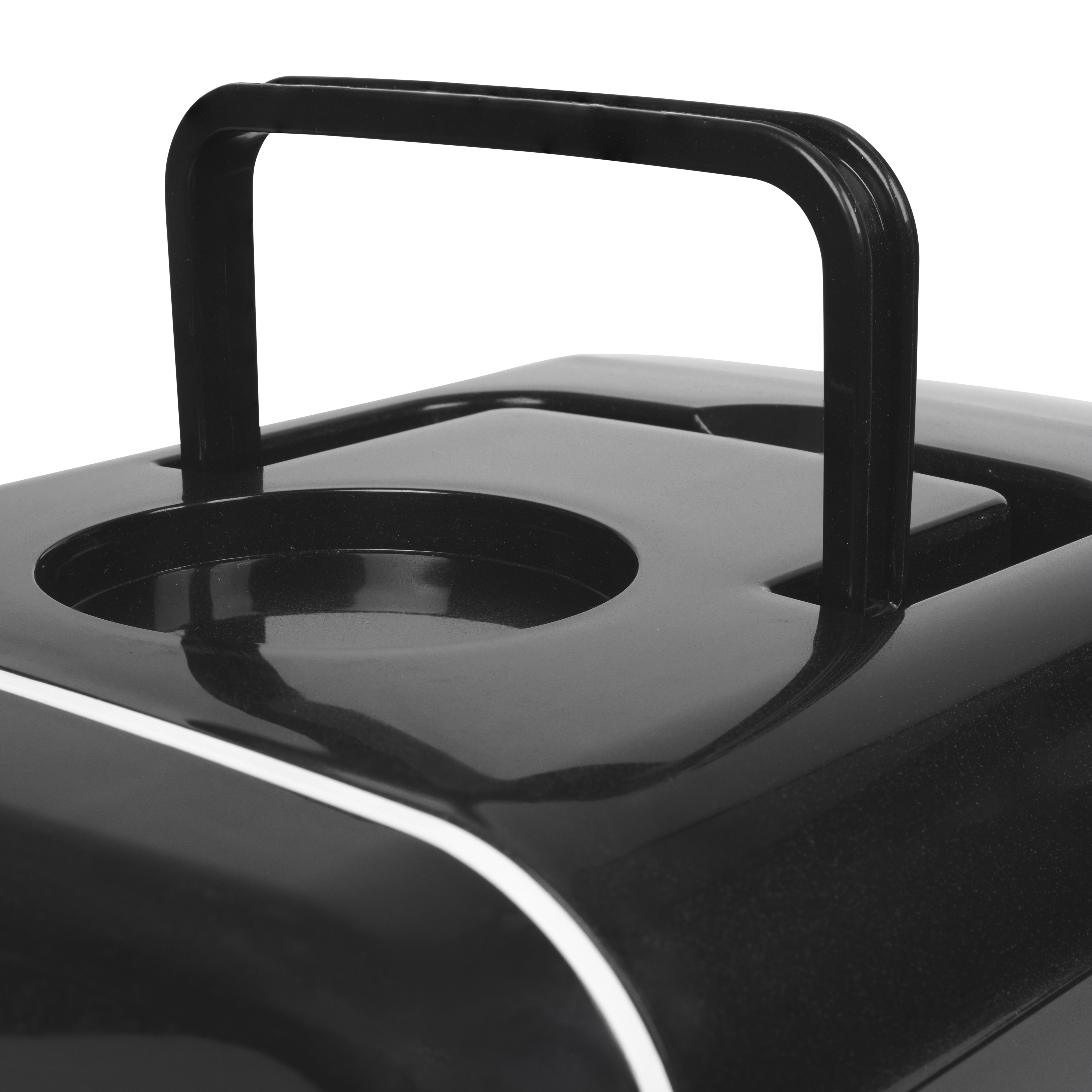 Close-up of a black handle on a black lid with a white trim.