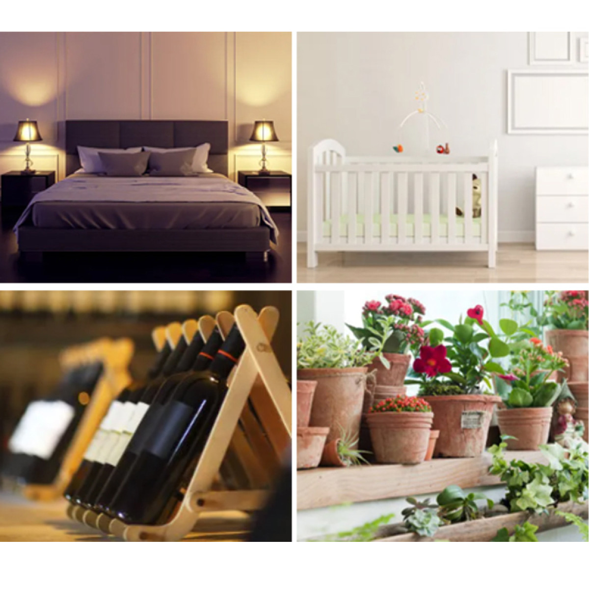 Cztery sceny: sypialnia, łóżeczko, butelki wina i rośliny doniczkowe.