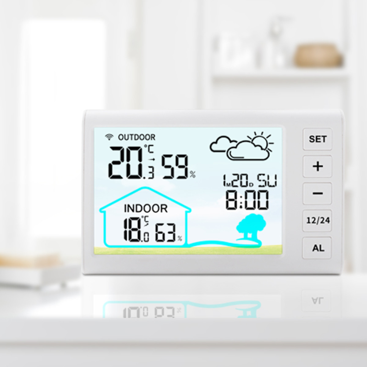 Cyfrowa stacja pogodowa pokazuje 20,3 C na zewnątrz, 59% wilgotności, 18,0 C wewnątrz, 63% wilgotności.
