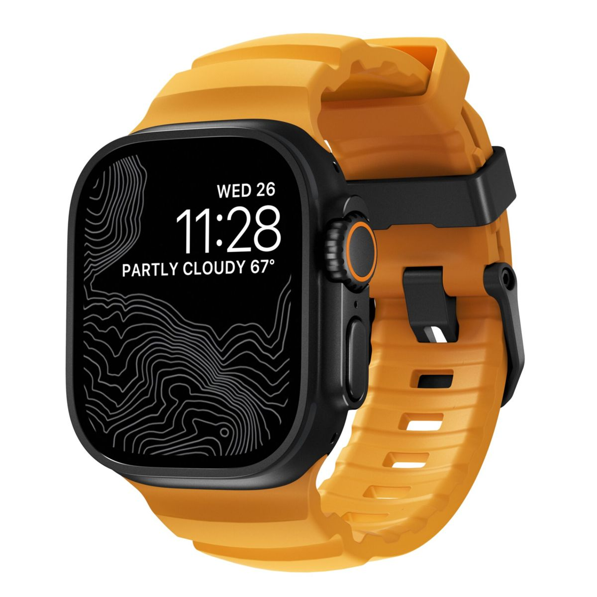 Reloj inteligente naranja con bisel negro que muestra hora, fecha y clima.