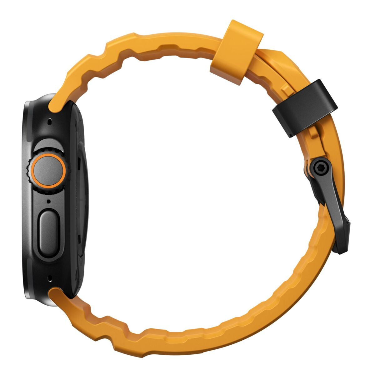 Reloj inteligente negro con correa naranja y cierre negro.