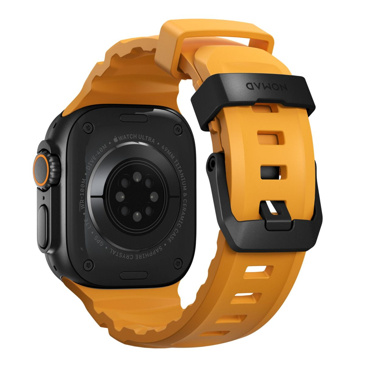 Apple Watch Ultra negra con correa Nomad naranja. Vista trasera muestra sensores.