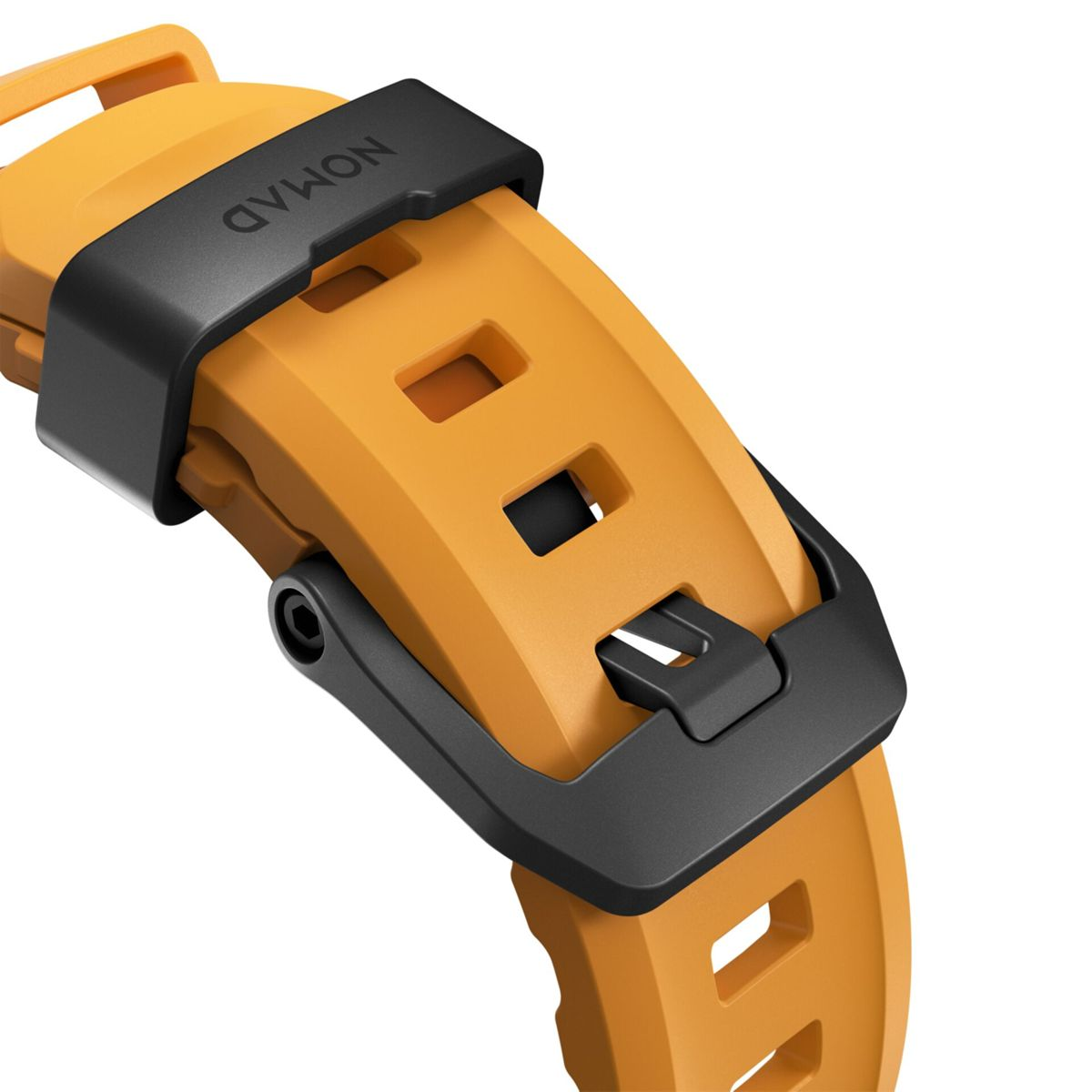 Correa de reloj naranja con hebilla negra con el logo NOMAD.
