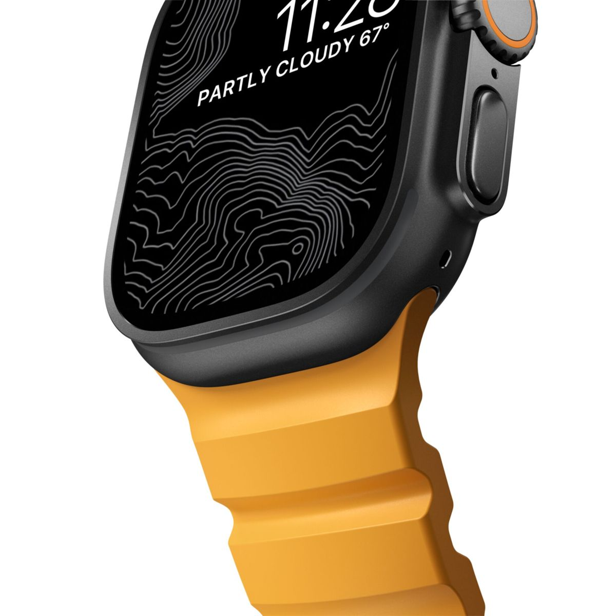 Un primer plano de un reloj inteligente con correa amarilla y esfera topográfica.