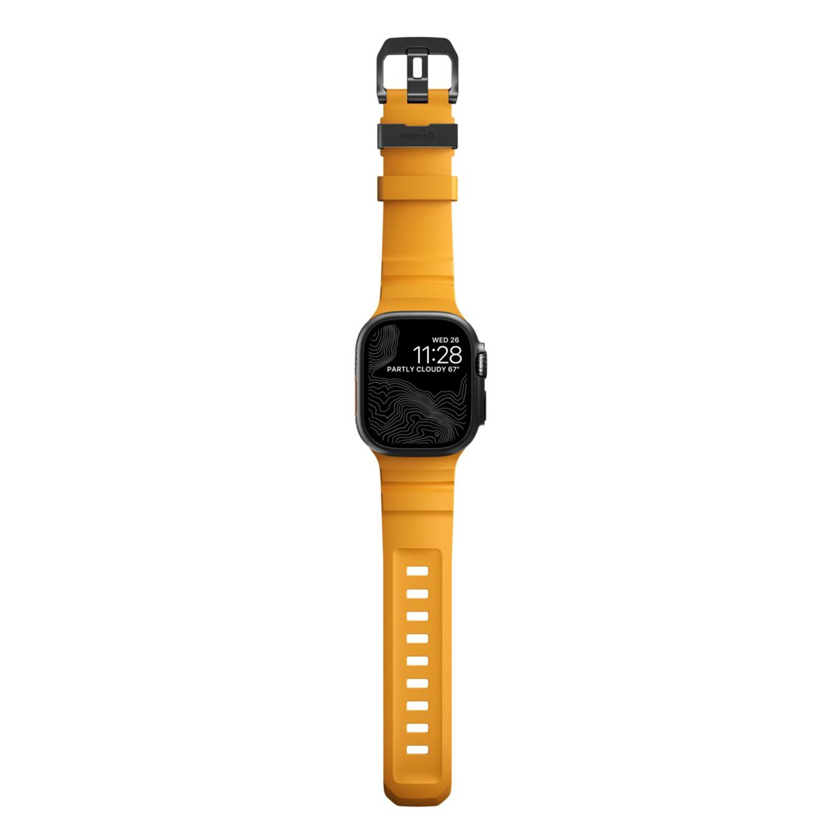 Smartwatch naranja con hebilla negra y pantalla digital negra que muestra hora y clima.