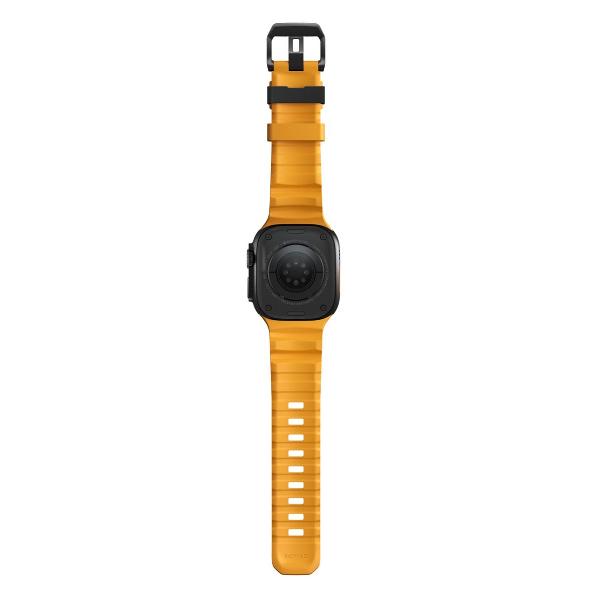 Banda de reloj amarilla con caja de reloj inteligente negra, primer plano.