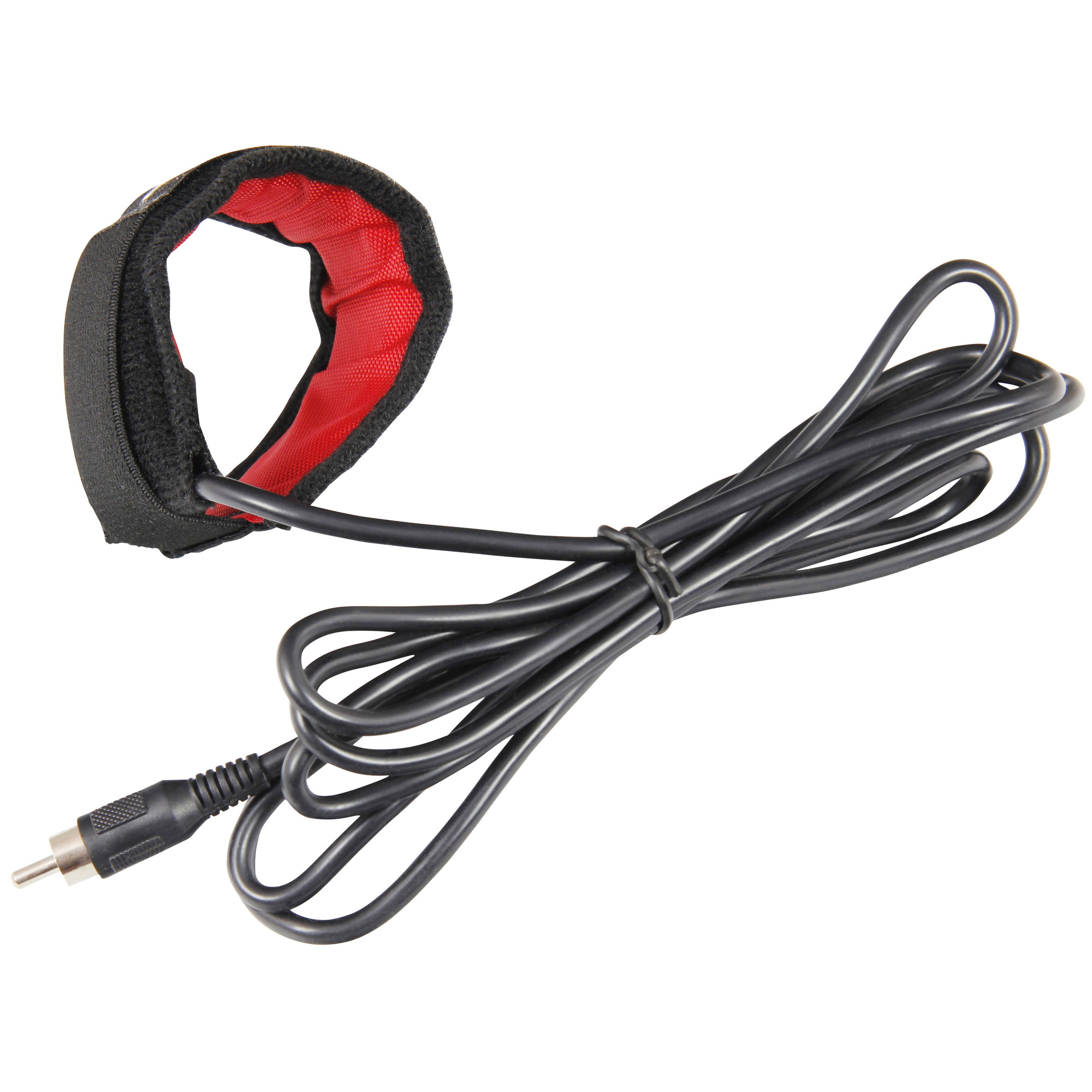 Schwarzes Kabel mit RCA-Stecker und gepolstertem Armband mit rotem Futter.