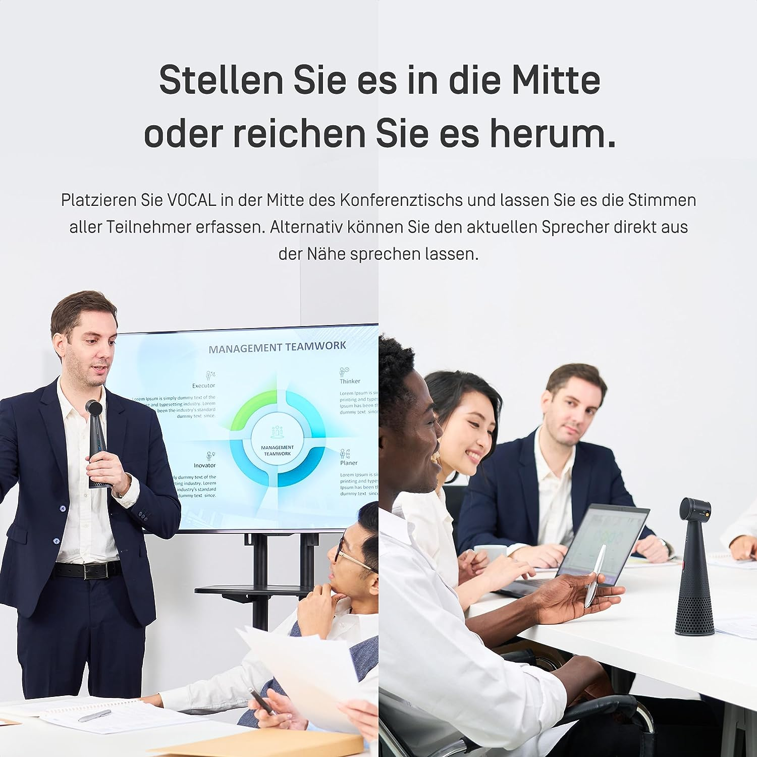 Präsentation mit Redner, Bildschirm und Teambesprechung.