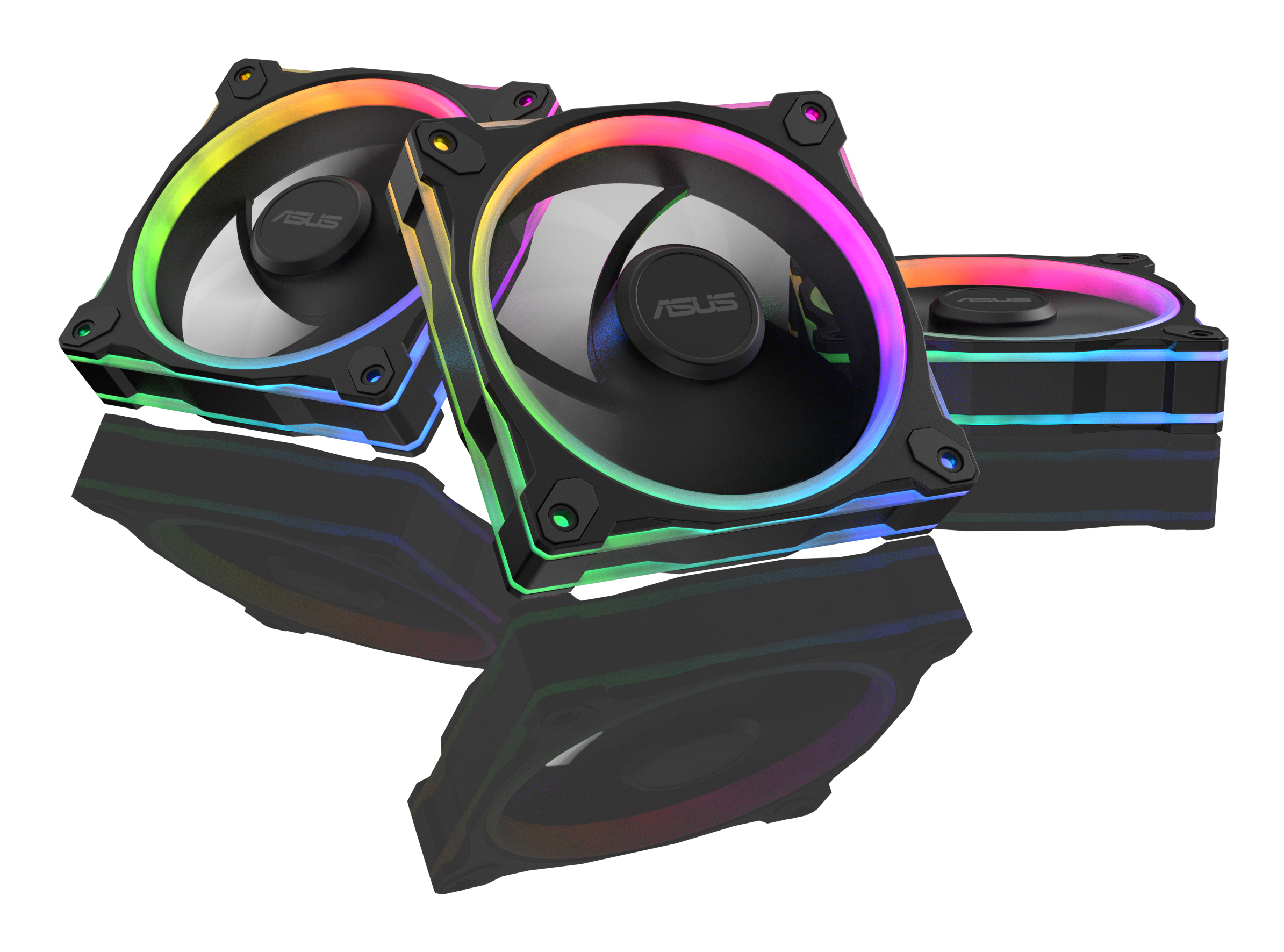 Trzy wentylatory komputerowe ASUS z oświetleniem RGB na białym tle.