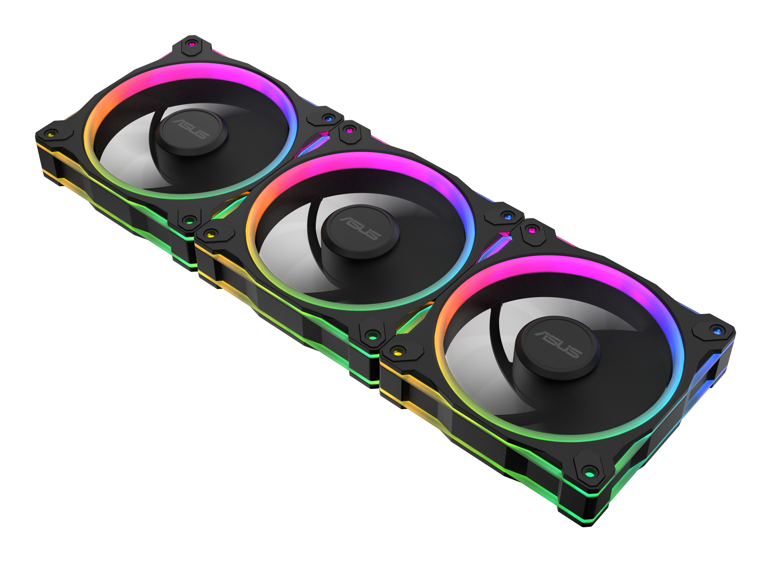 Trzy czarne wentylatory ASUS z podświetleniem RGB na białym tle.