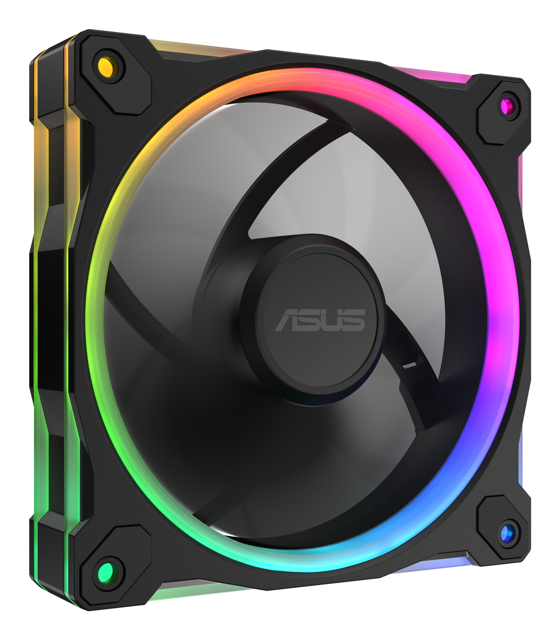Czarny wentylator komputerowy z podświetleniem RGB i logo Asus.