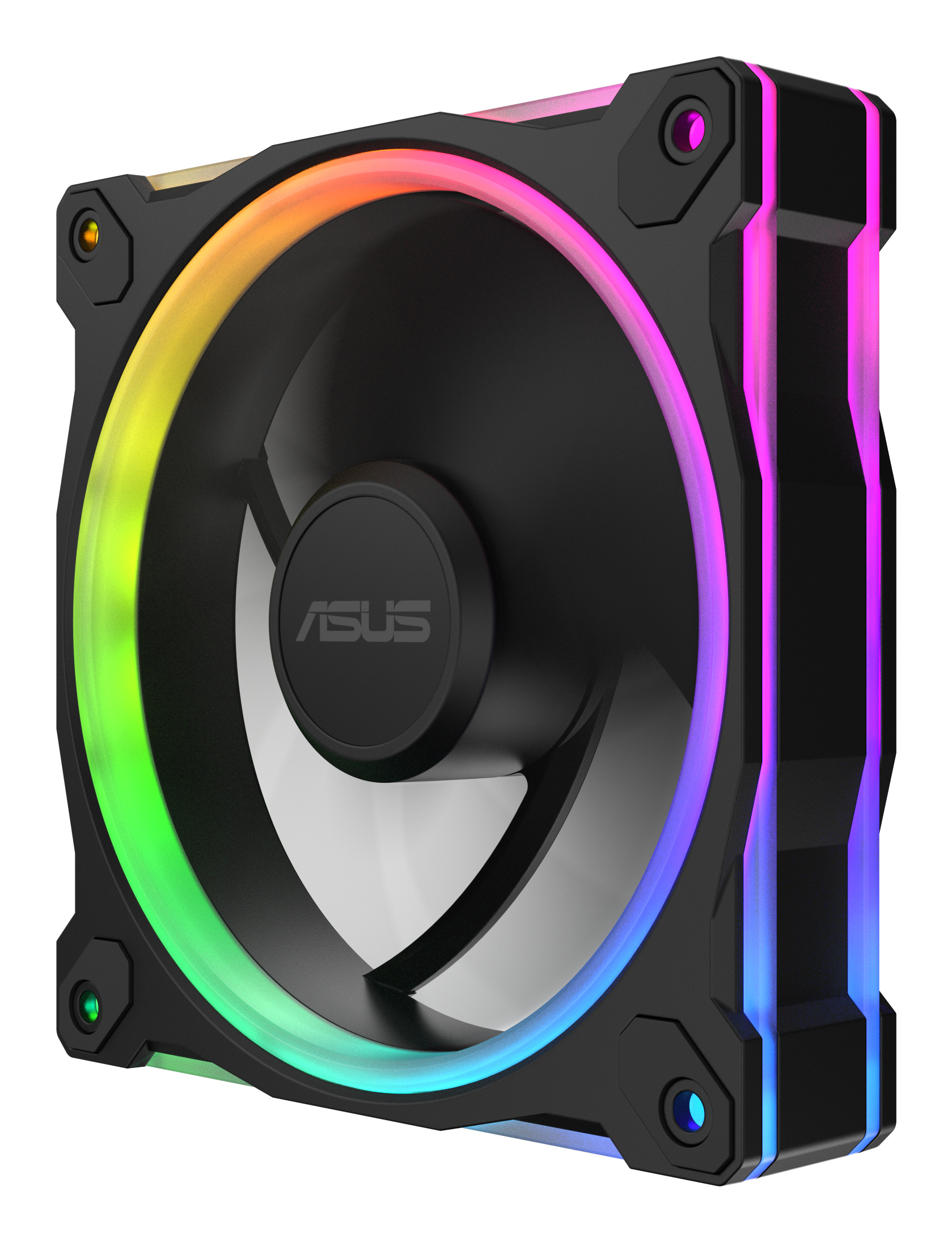 Czarny wentylator komputerowy z oświetleniem RGB na ramie i bokach. Logo ASUS na piaście.