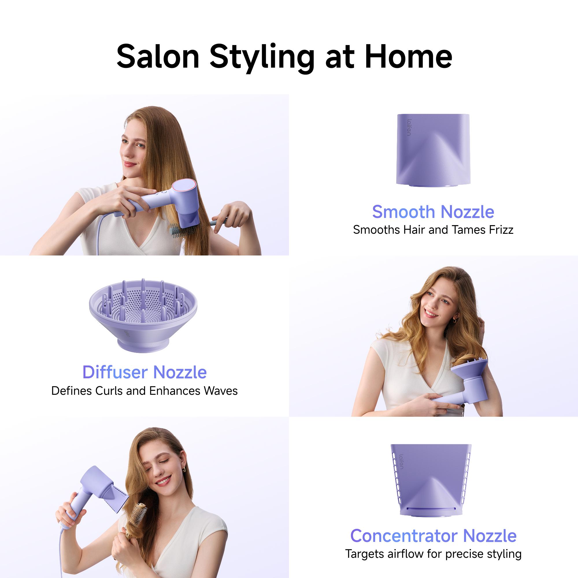 Frau föhnt ihr Haar mit verschiedenen Aufsätzen für Styling.
