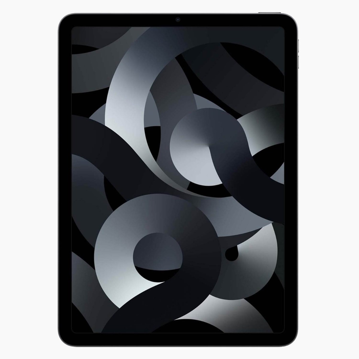 Un iPad nero con uno sfondo astratto e scuro con forme vorticose grigie e nere.